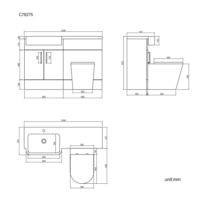 Harper Stone Grey Combination Vanity Basin and Boston Toilet 1200mm - Left Handed
