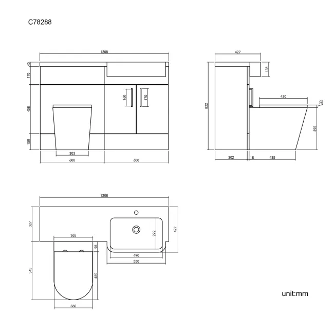 Harper Charcoal Elm Combination Vanity Basin and Boston Toilet 1200mm - Right Handed