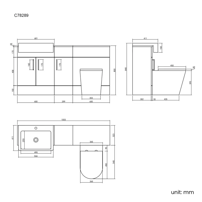 Harper Charcoal Elm Combination Vanity Basin and Boston Toilet 1500mm