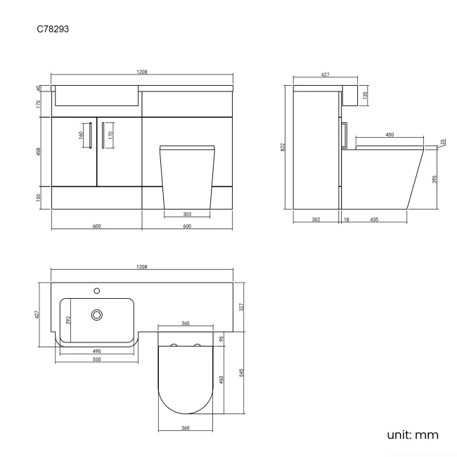 Harper Charcoal Elm Combination Vanity Basin and Boston Toilet 1200mm - Black Accents - Left Handed