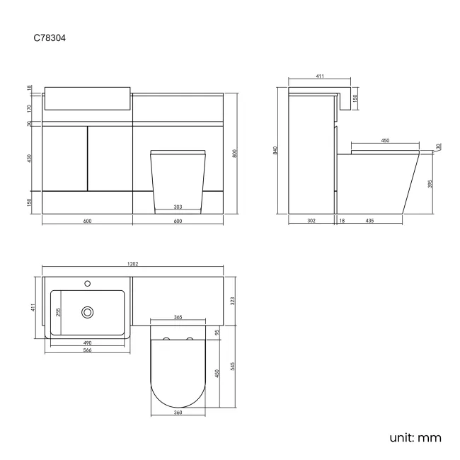 Foster Stone Grey Combination Vanity Basin and Boston Toilet 1200mm