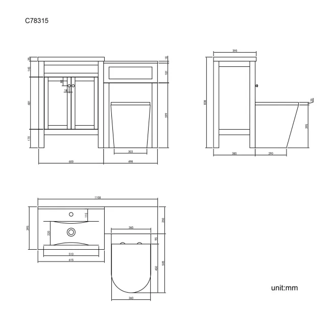 Bermuda Dove Grey Combination Vanity Basin and Boston Toilet 1100mm