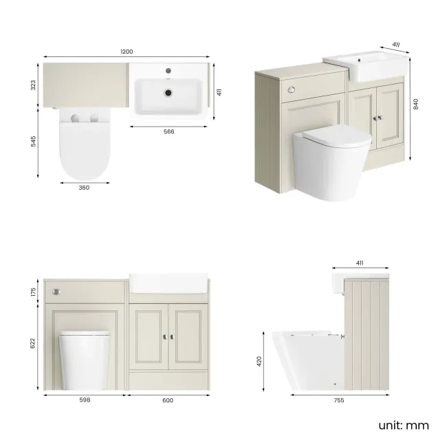Monaco Chalk White Combination Vanity Basin and Boston Toilet 1200mm