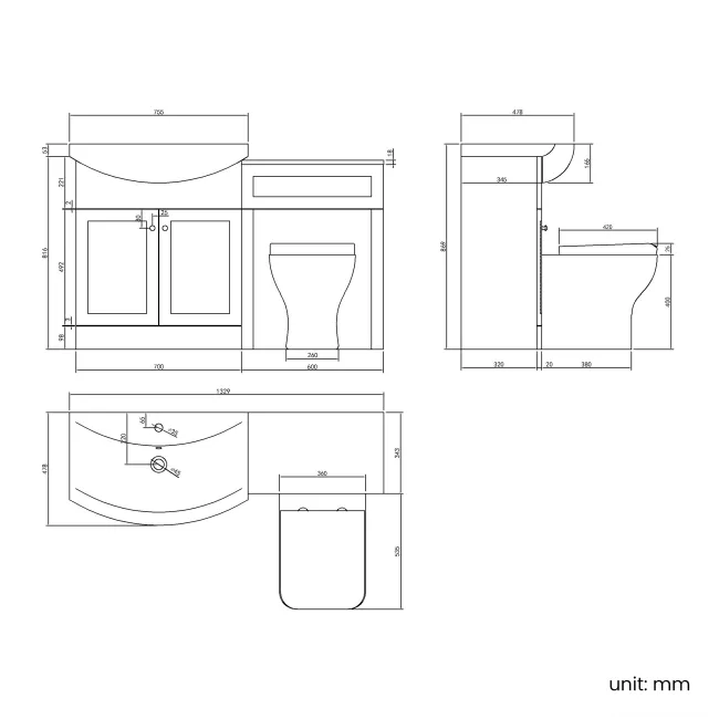 Capri Slate Grey Combination Vanity Basin and Houston Toilet 1350mm - Chrome Handles