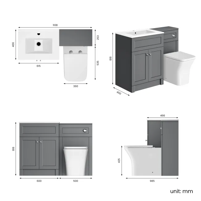Milos Fog Grey Combination Vanity Basin and Houston Toilet 1100mm - Chrome Handles