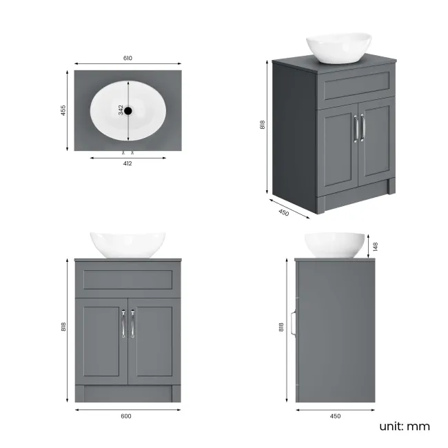 Milos Fog Grey Vanity with Oval Basin 600mm - Traditional Handles