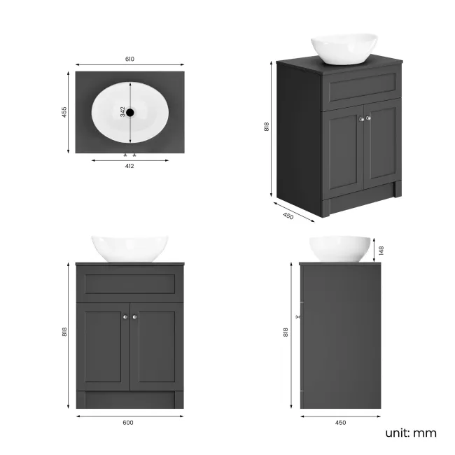 Milos Slate Grey Vanity with Oval Basin 600mm - Brushed Handles