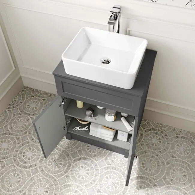 Milos Slate Grey Vanity with Troy Basin 600mm - Chrome Handles