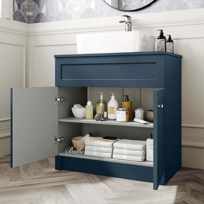 Milos Navy Blue Vanity with Troy Basin 800mm - Brushed Handles