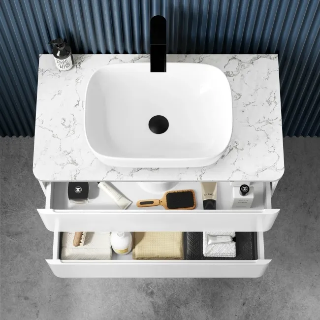 Corsica Gloss White Wall Hung Drawer Vanity with Marble Top & Curved Counter Top Basin 800mm