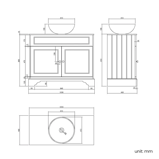 Lucia Graphite Grey Vanity with Marble Top & Round Counter Top Basin 1030mm - Brushed Brass Accents