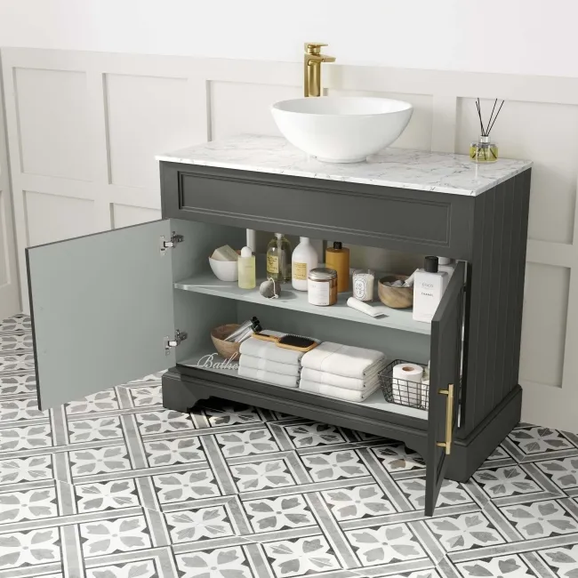 Lucia Graphite Grey Vanity with Marble Top & Round Counter Top Basin 1030mm - Brass Knurled Handles