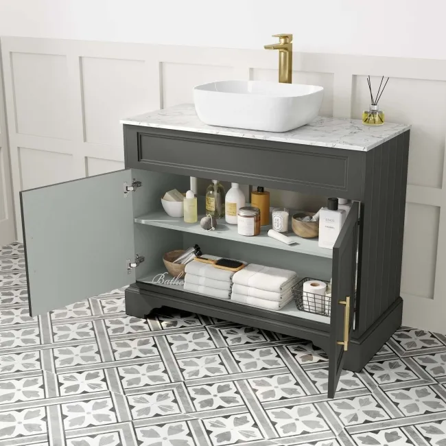 Lucia Graphite Grey Vanity with Marble Top & Curved Counter Top Basin 1030mm - Brass Knurled Handles