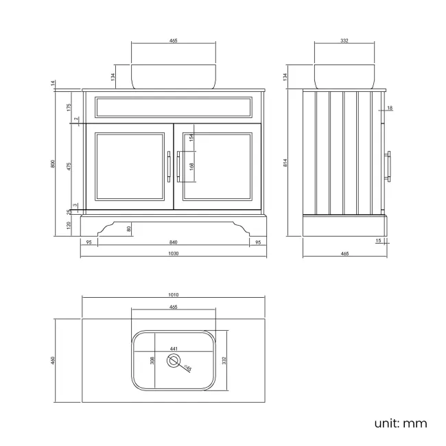 Lucia Graphite Grey Vanity with Marble Top & Curved Counter Top Basin 1030mm - Brass Knurled Handles