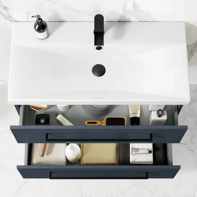 Elba Inky Blue Wall Hung Basin Drawer Vanity 800mm with Matt Black Stand