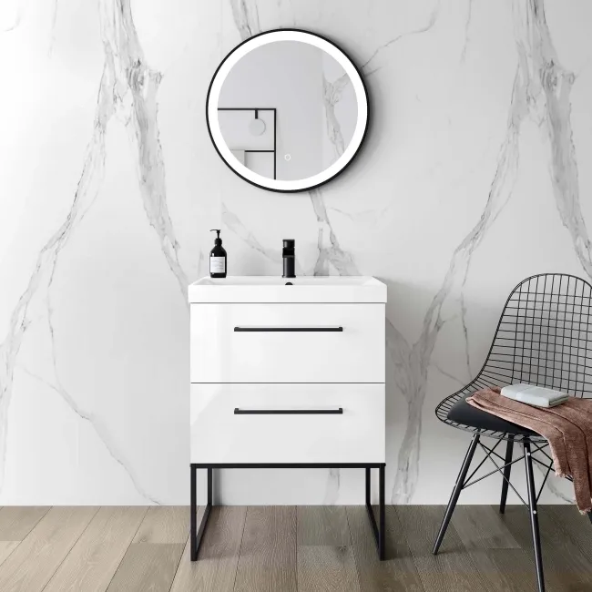 Elba Gloss White Wall Hung Basin Drawer Vanity 600mm with Matt Black Stand