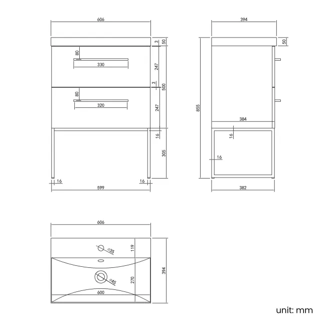 Elba Gloss White Wall Hung Basin Drawer Vanity 600mm with Matt Black Stand