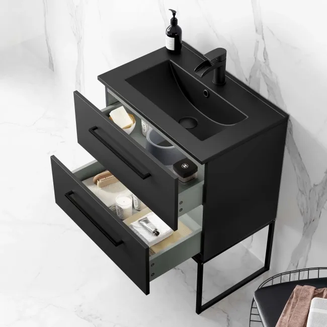Elba Matt Black Wall Hung Basin Drawer Vanity 600mm with Matt Black Stand