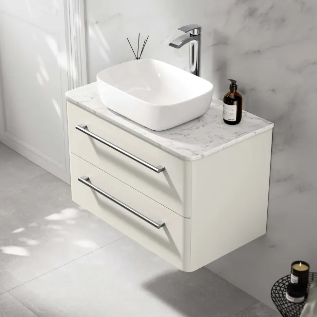 Omaha Linen White Wall Hung Drawer Vanity with Marble Top & Curved Counter Top Basin 800mm