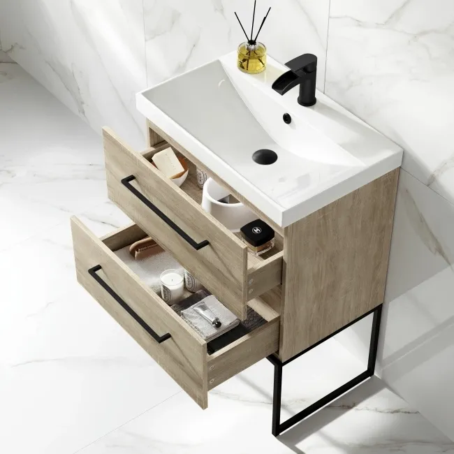 Elba Dawn Oak Wall Hung Basin Drawer Vanity 600mm with Matt Black Stand