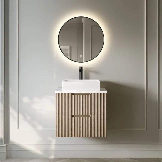 Crete Fluted Apex Oak Wall Hung Drawer Vanity with Marble Top & Cody Basin 600mm