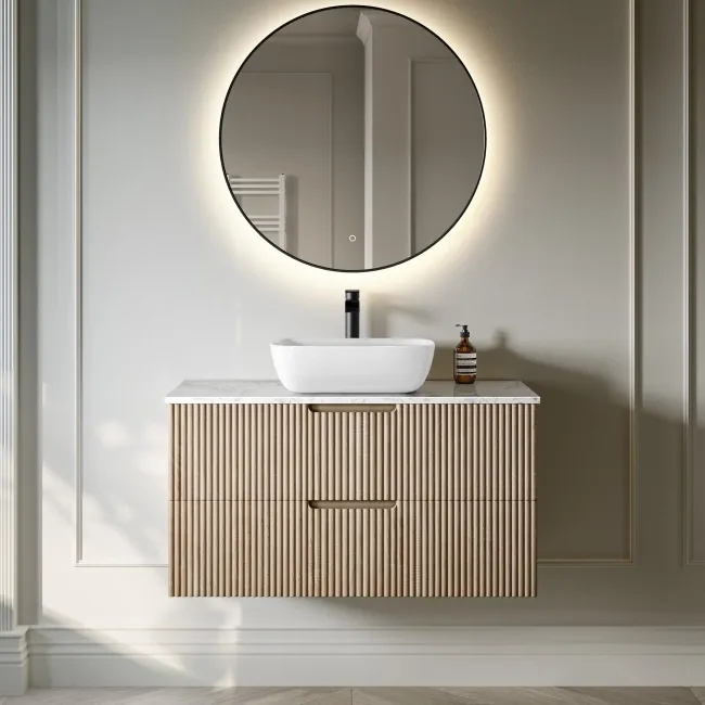 Crete Fluted Apex Oak Wall Hung Drawer Vanity with Marble Top & Curved Basin 1000mm