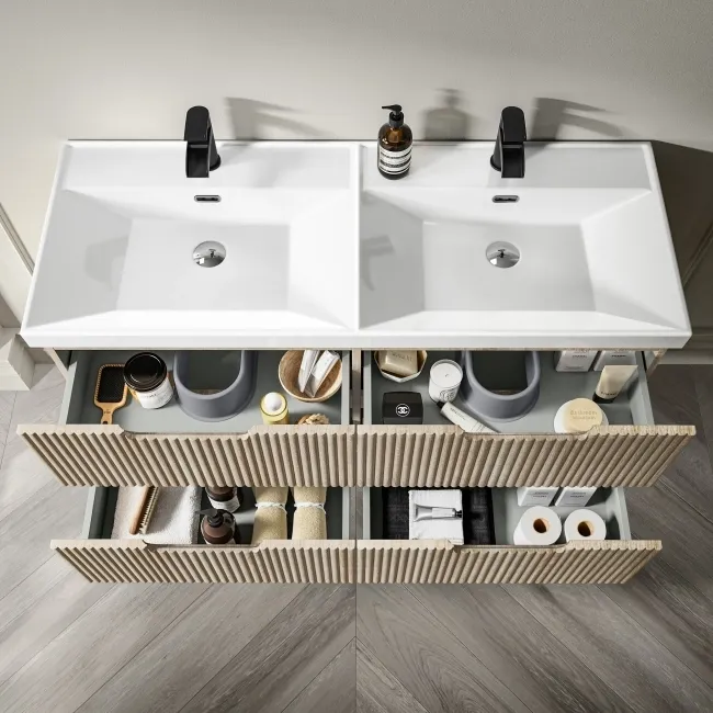 Crete Fluted Apex Oak Wall Hung Double Basin Drawer Vanity 1200mm