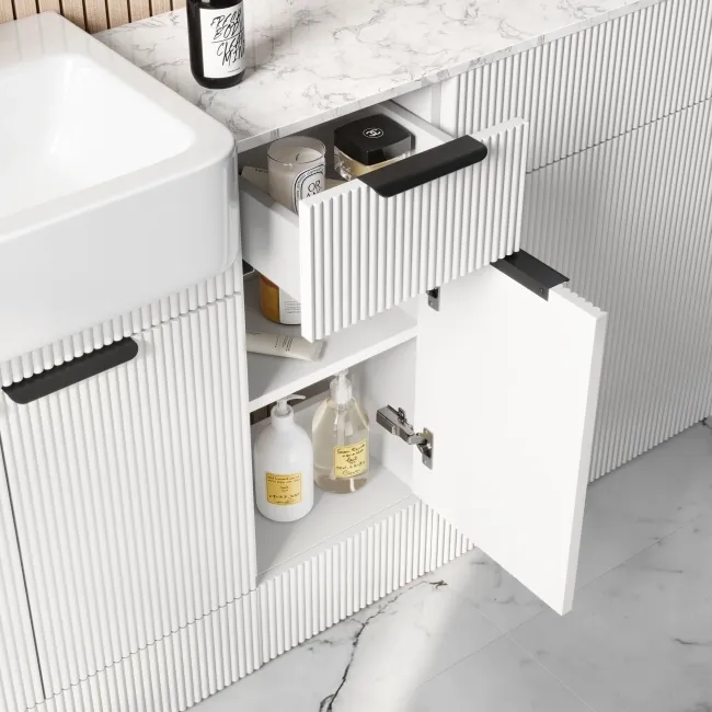 Sicily Fluted Coastal White Combination Vanity Basin with Marble Top 1500mm (Excludes Toilet) - Black Accents