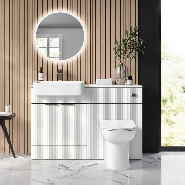 Sicily Fluted Coastal White Vanity with Semi Recessed Basin 600mm - Chrome Handles