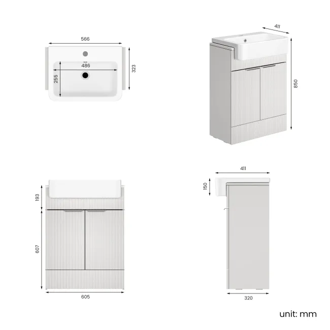 Sicily Fluted Coastal White Vanity with Semi Recessed Basin 600mm - Chrome Handles