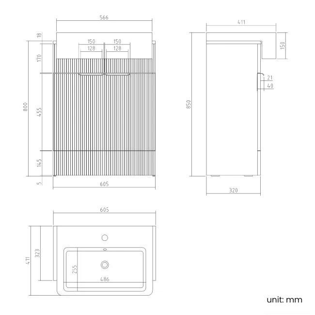 Sicily Fluted Coastal White Vanity with Semi Recessed Basin 600mm - Chrome Handles