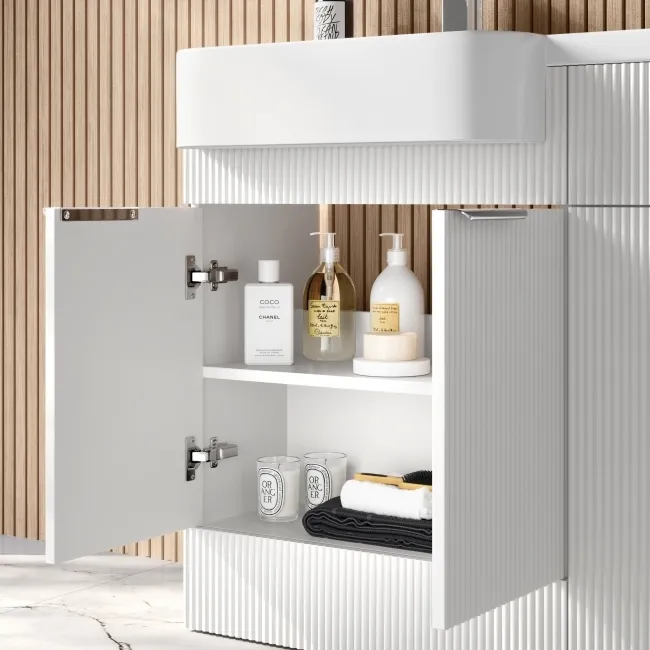 Sicily Fluted Coastal White Basin Vanity and Back To Wall Toilet Unit 1200mm (Excludes Toilet) - Chrome Handles- Left Handed