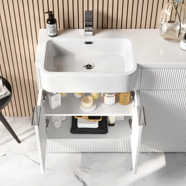 Sicily Fluted Coastal White Basin Vanity and Back To Wall Toilet Unit 1200mm (Excludes Toilet) - Chrome Handles- Left Handed