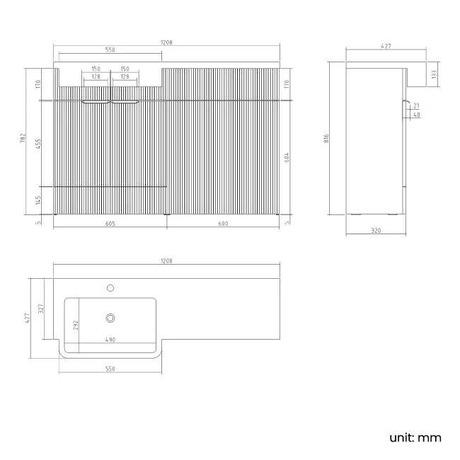 Sicily Fluted Coastal White Basin Vanity and Back To Wall Toilet Unit 1200mm (Excludes Toilet) - Chrome Handles- Left Handed
