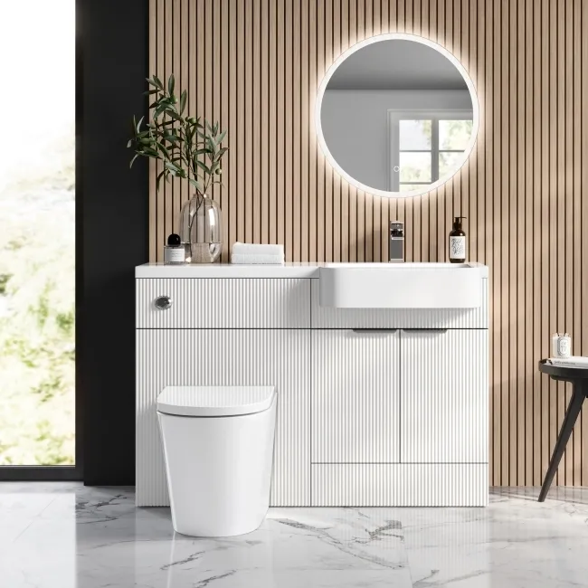Sicily Fluted Coastal White Combination Vanity Basin and Boston Toilet 1200mm - Chrome Handles- Right Handed