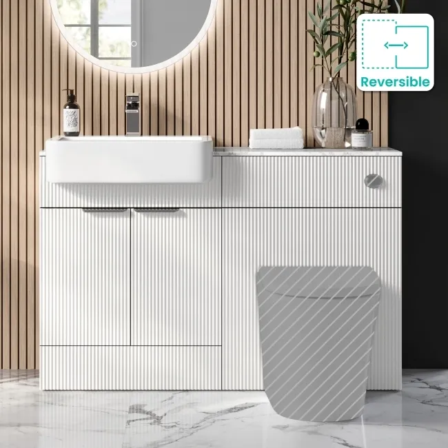 Sicily Fluted Coastal White Basin Vanity with Marble Top & Back To Wall Unit 1200mm (Excludes Toilet) - Chrome Handles