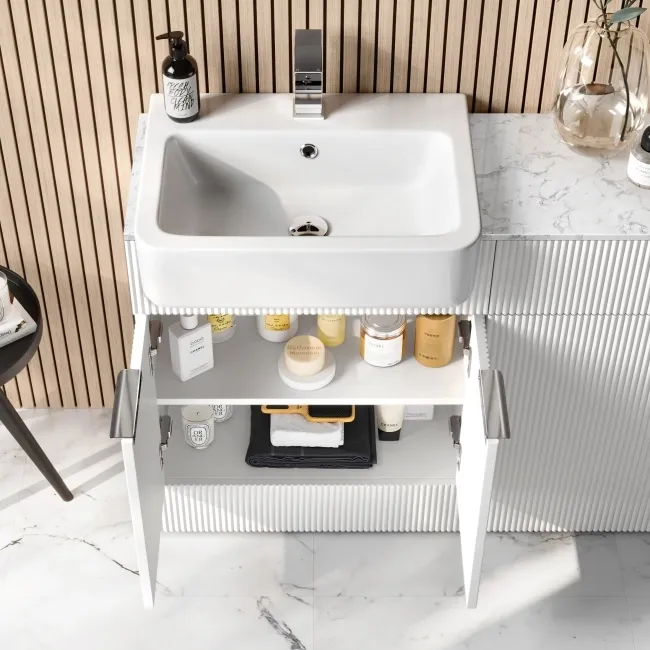 Sicily Fluted Coastal White Basin Vanity with Marble Top & Back To Wall Unit 1200mm (Excludes Toilet) - Chrome Handles