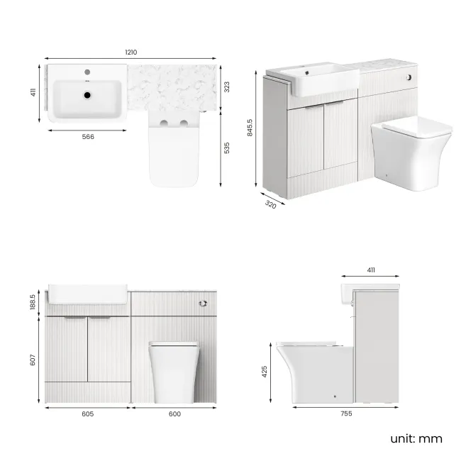 Sicily Fluted Coastal White Combination Vanity Basin with Marble Top & Houston Toilet 1200mm - Chrome Handles