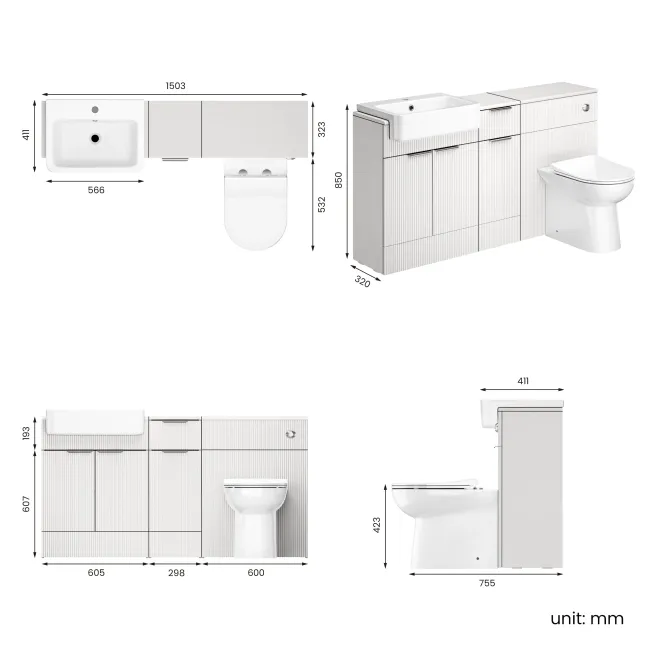Sicily Fluted Coastal White Combination Vanity Basin and Aruba Toilet 1500mm - Chrome Handles