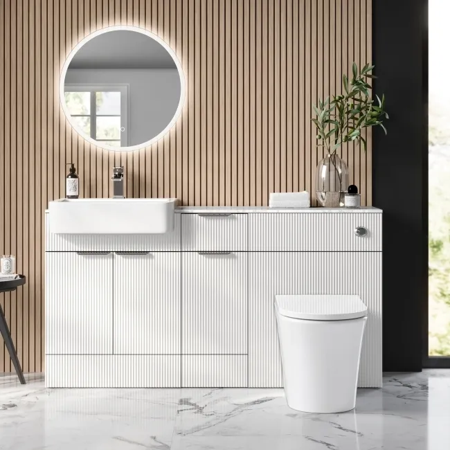 Sicily Fluted Coastal White Combination Vanity Basin with Marble Top & Tucson Toilet 1500mm - Chrome Handles