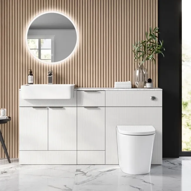 Sicily Fluted Coastal White Combination Vanity Basin with Marble Top & Boston Toilet 1500mm - Chrome Handles