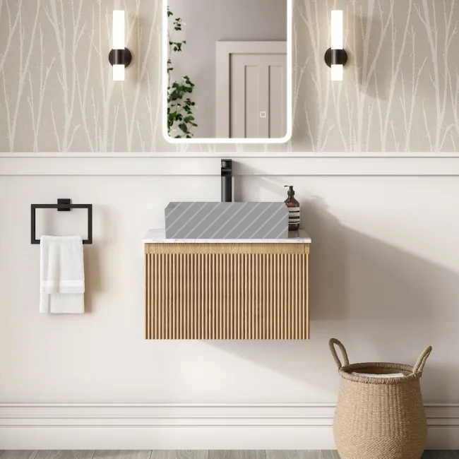 Malta Fluted Country Oak Wall Hung Drawer Vanity with Marble Top 600mm - Excludes Counter Top Basin