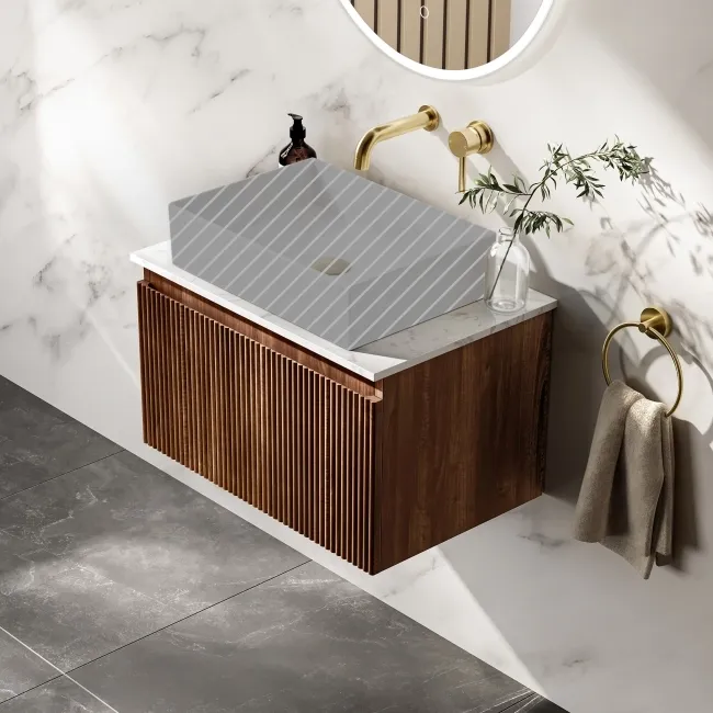 Malta Fluted Black Walnut Wall Hung Drawer Vanity with Marble Top 600mm - Excludes Counter Top Basin