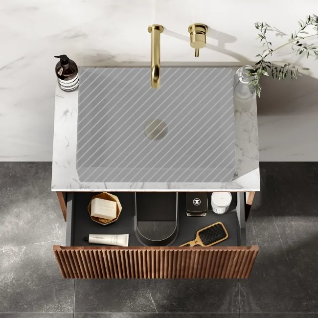 Malta Fluted Black Walnut Wall Hung Drawer Vanity with Marble Top 600mm - Excludes Counter Top Basin