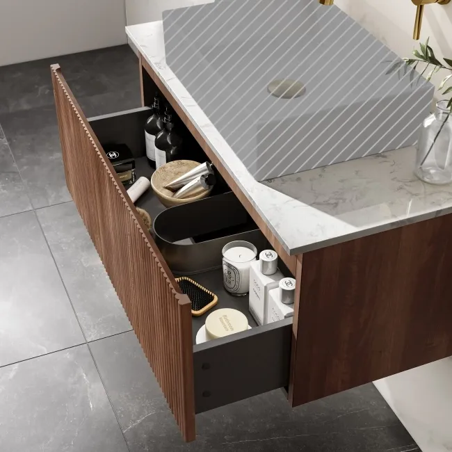 Malta Fluted Black Walnut Wall Hung Drawer Vanity with Marble Top 800mm - Excludes Counter Top Basin