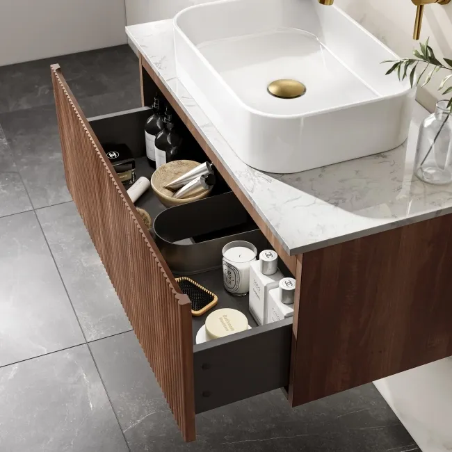 Malta Fluted Black Walnut Wall Hung Drawer Vanity with Marble Top & Marin Basin 800mm