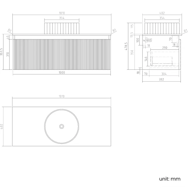 Malta Fluted Black Walnut Wall Hung Drawer Vanity with Marble Top & Nevis Basin 1000mm