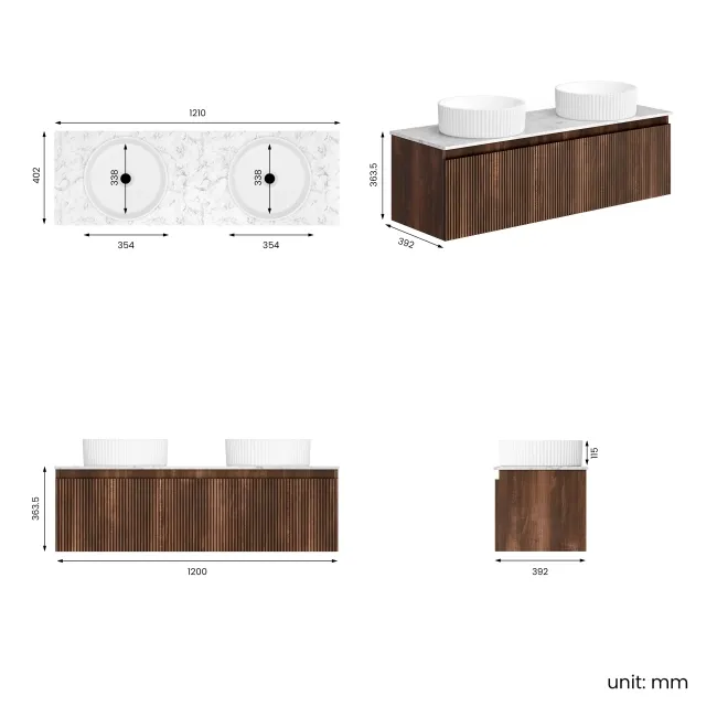 Malta Fluted Black Walnut Double Wall Hung Drawer Vanity with Marble Top & Nevis Basin 1200mm