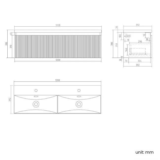 Malta Fluted Matt Black Wall Hung Double Basin Drawer Vanity 1200mm
