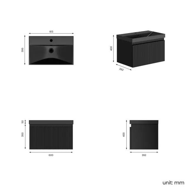 Malta Fluted Matt Black Wall Hung Drawer Vanity with Matt Black Basin 600mm